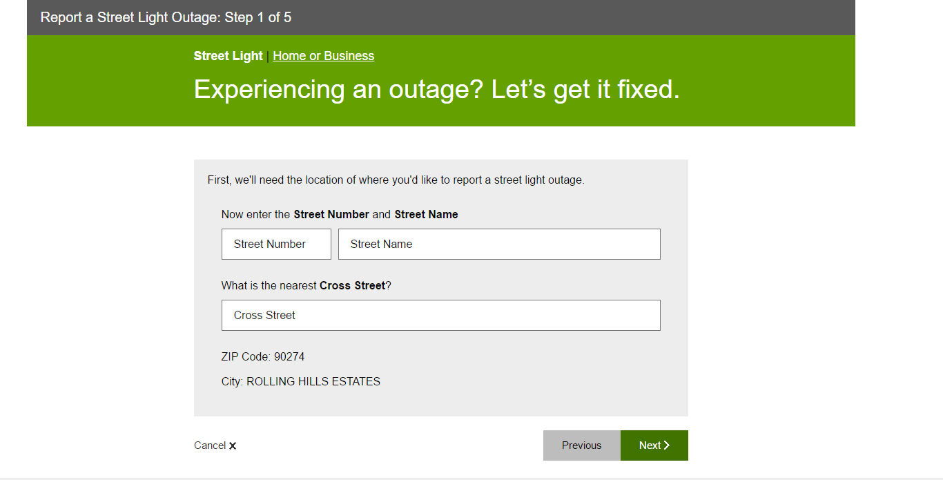SCE webpage of streetlight outage reporting